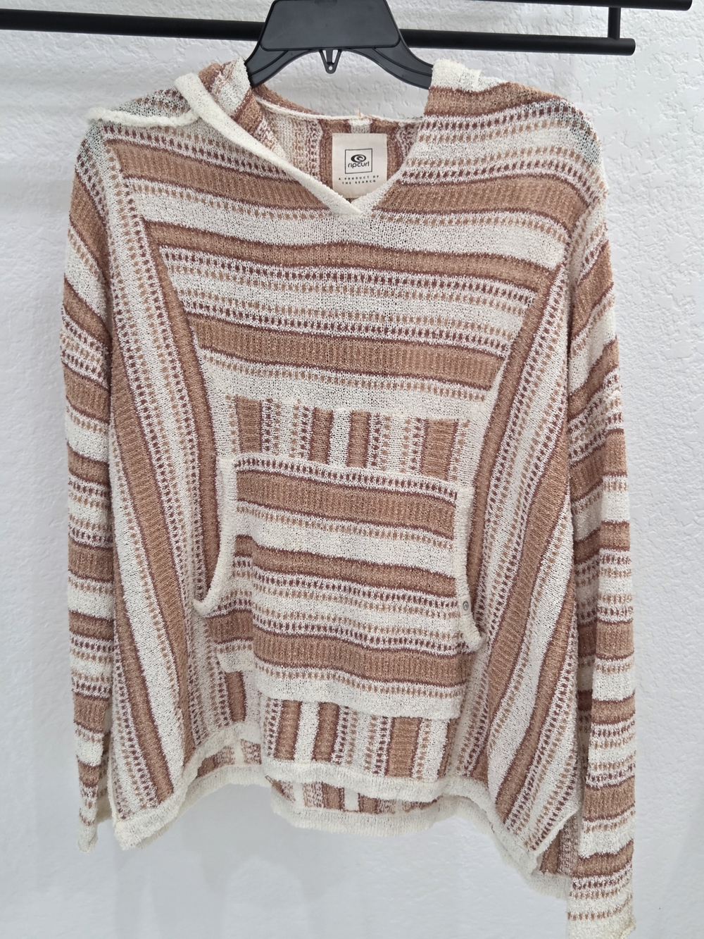 Rip Curl XS Baja Hoodie Cream Brown Striped Open Knit Coastal Boho Surfer Y2K